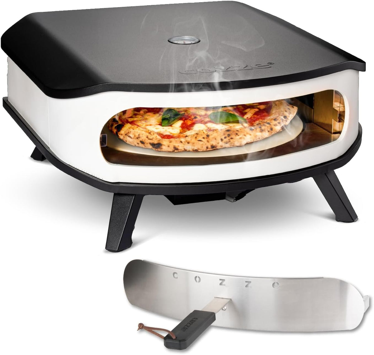 Cozze horno de pizza de 17 pulgadas - Piedra giratoria y potencia de 6 kW a 50 mbar - Acero inoxidable con pantalla LED y puerta - Incluye regulador y manguera de 1,1 m