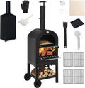 COSTWAY horno de pizza de leña exterior - Metal negro con piedra para pizza y 2 ruedas - Cubierta impermeable y estructura independiente - Para patio porche terraza y jardín