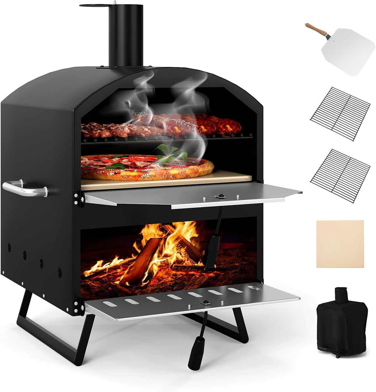 COSTWAY horno de pizza exterior - 16 pulgadas con leña y carbón - Diseño de 2 niveles con piedra cuadrada y forma de cúpula - 61 x 53 x 83 cm para camping jardín y BBQ