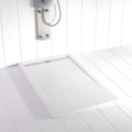 FLOW plato de ducha de resina - 80 x 150 cm en blanco RAL 9003 - Textura pizarra antideslizante y diseño moderno - Incluye rejilla y sifón para instalación de baño