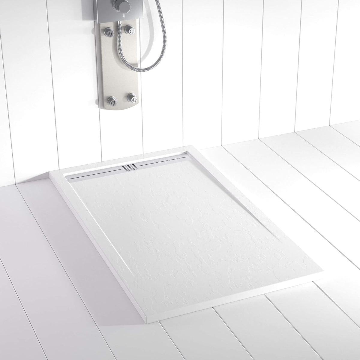 FLOW plato de ducha de resina - 80 x 150 cm en blanco RAL 9003 - Textura pizarra antideslizante y diseño moderno - Incluye rejilla y sifón para instalación de baño