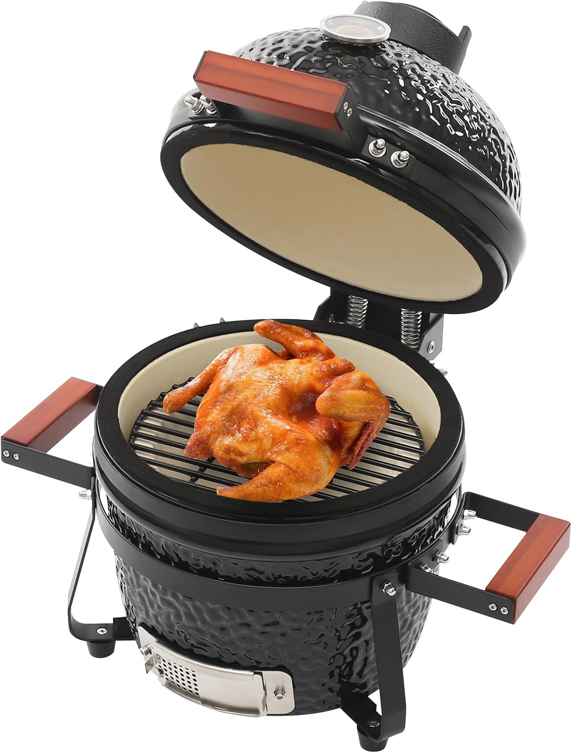 Barbacoa de cerámica de 13 pulgadas - Ahumador de carbón vegetal negro - Resistencia térmica hasta 800 grados Fahrenheit - Para jardín terraza y camping