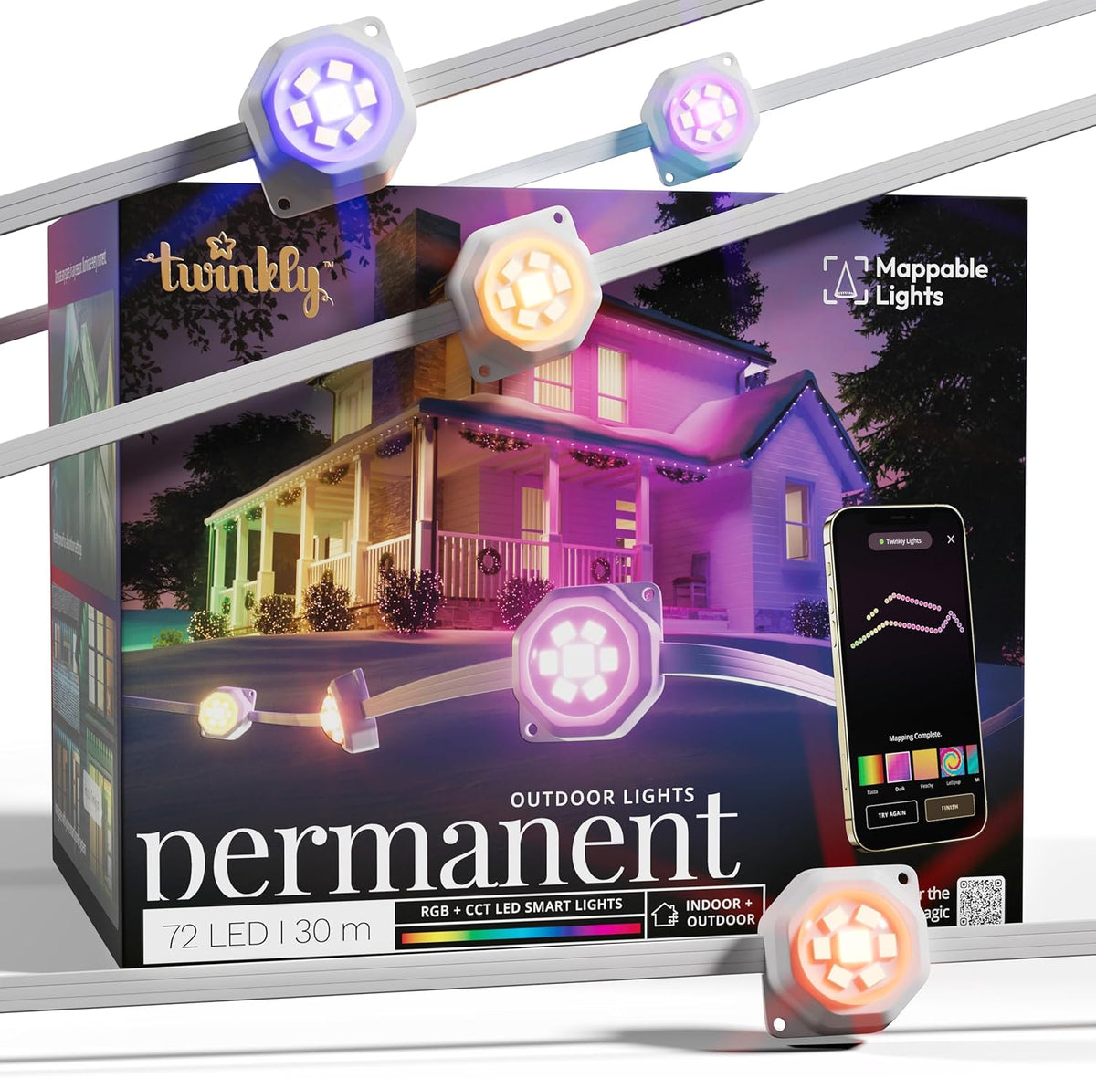 Twinkly guirnalda LED permanente - 72 luces RGB con cable blanco - Iluminación ajustable para exterior - Alimentación por cable para decoración luminosa