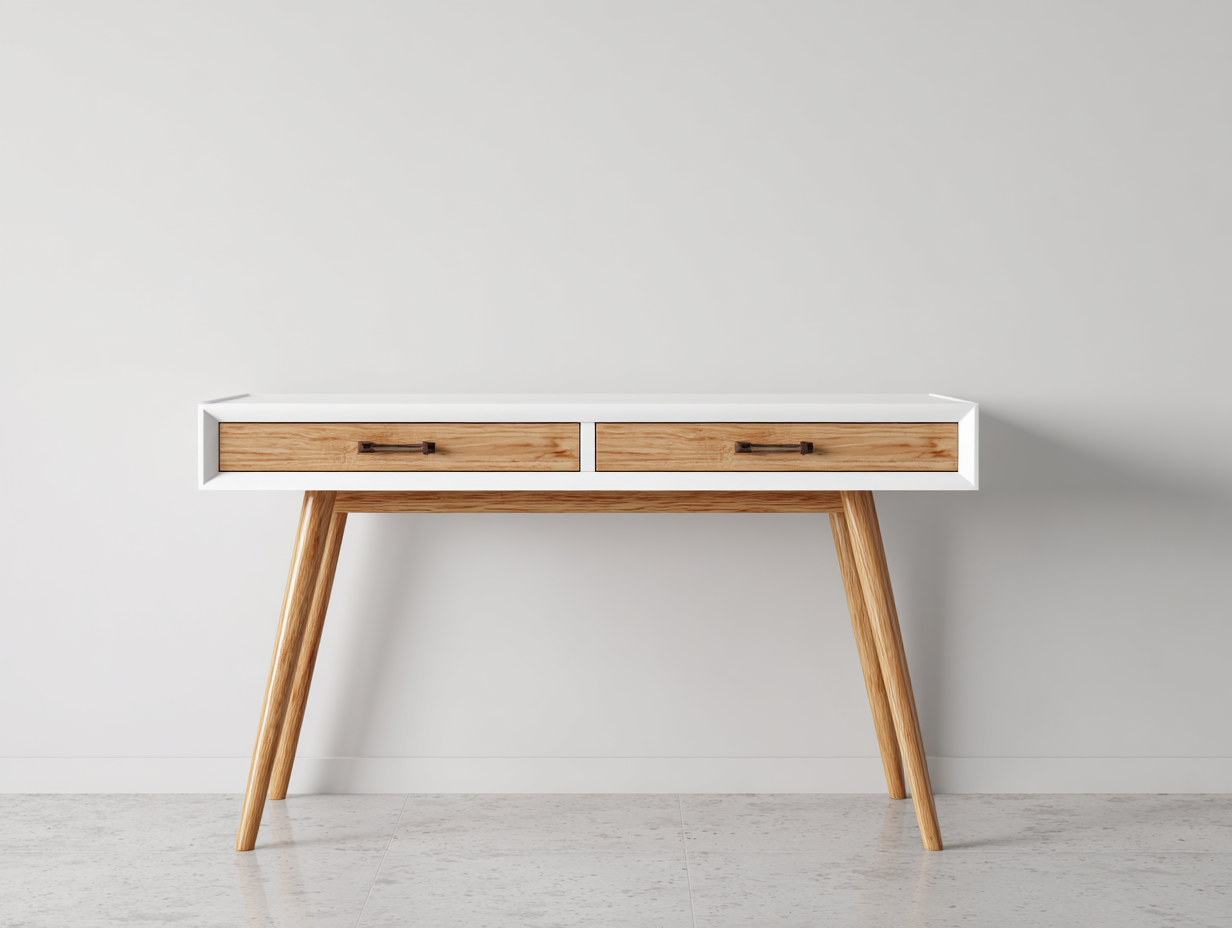 Mesas de oficina MDF y madera 110x50x76 cm - blanco-madera natural - diseño moderno con 2 cajones