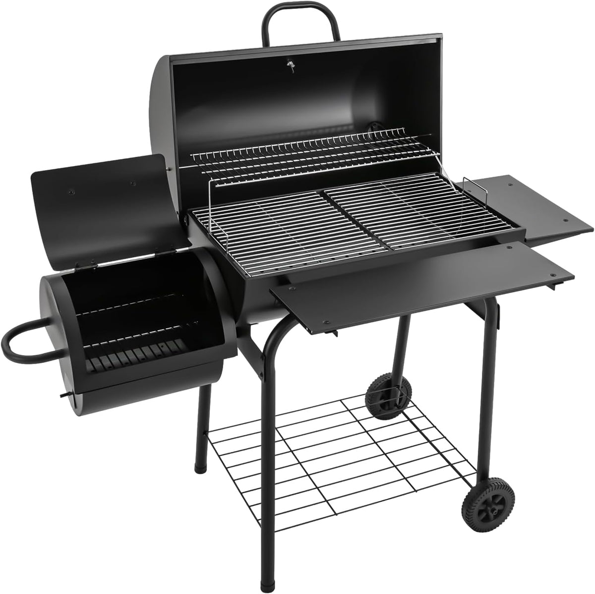 Rogowsen barbacoa exterior - Parrilla de pie con función de ahumado y tapa - Formato de 147 x 70 x 126 cm en acabado negro - Para camping picnic jardín y cocina al aire libre