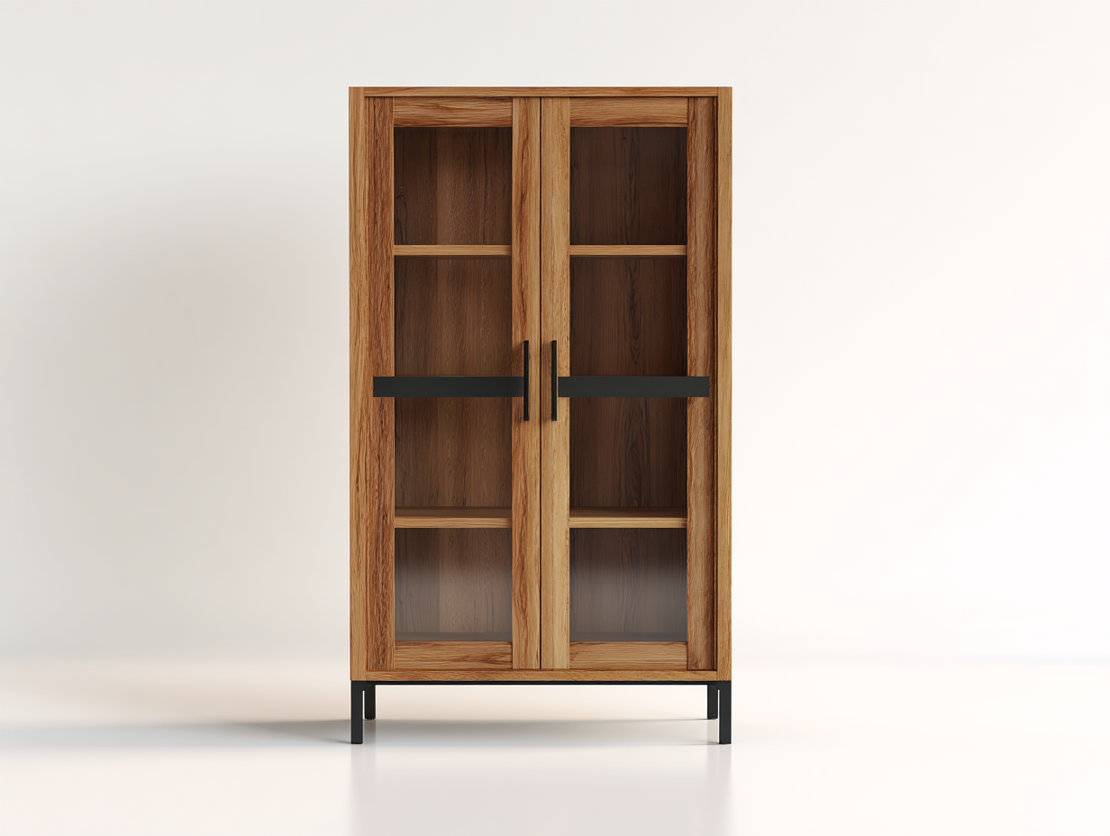 Estanterías de madera manufacturada 90x38x160 cm - madera natural y negro - diseño moderno con 2 puertas de vidrio