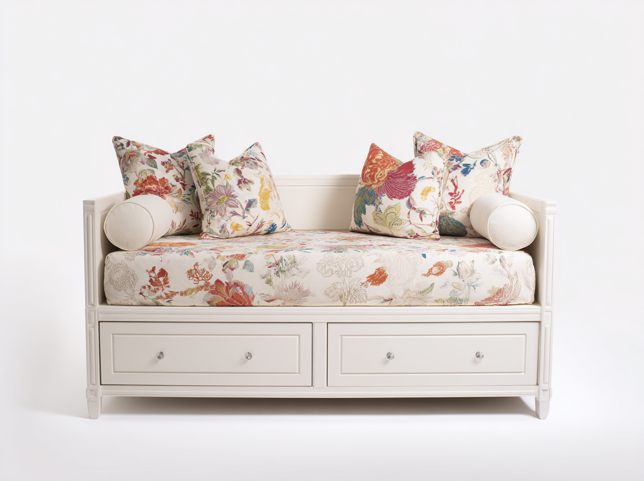 Sofás cama de madera manufacturada 200x90x88 cm - blanco y multicolor - diseño clásico con 2 cajones