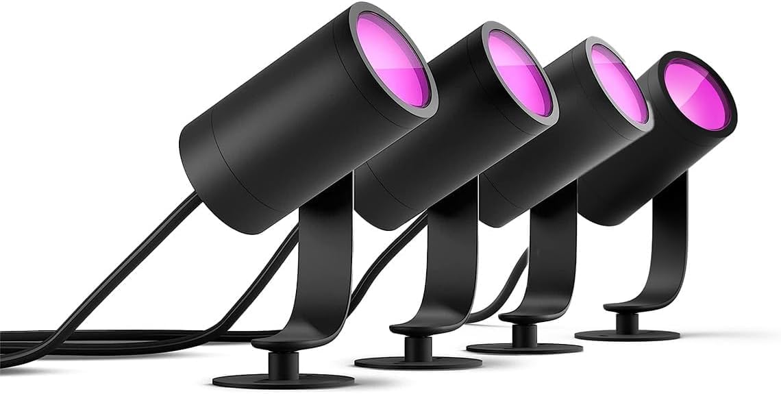 Philips Hue Lily set de 4 focos inteligentes exterior - Luz blanca y de colores en acabado negro - Compatible con Alexa y Google Home - Para jardín terraza porche balcón y entrada