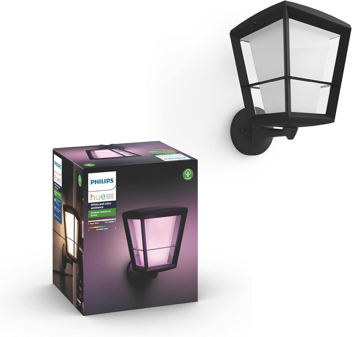 Philips Hue Econic - Lámpara LED inteligente exterior con protección IP44 - Luz blanca y de colores en aluminio negro - Compatible con Alexa y Google Home para jardín y garaje