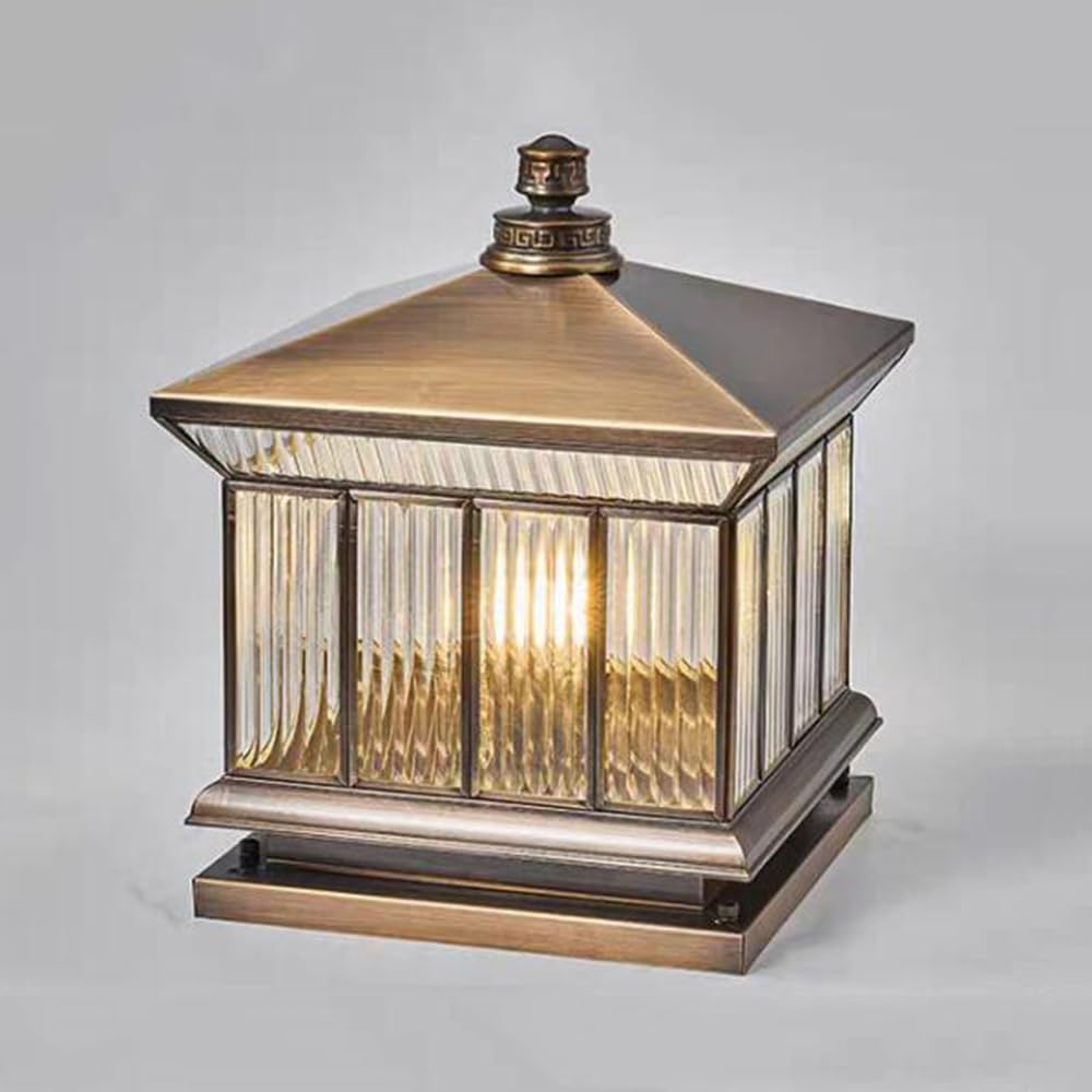Lámpara de poste exterior de cobre - Cristal texturizado con ondas de agua e IP54 - Farol con base de montaje para exterior - Iluminación para patio jardín camino y valla