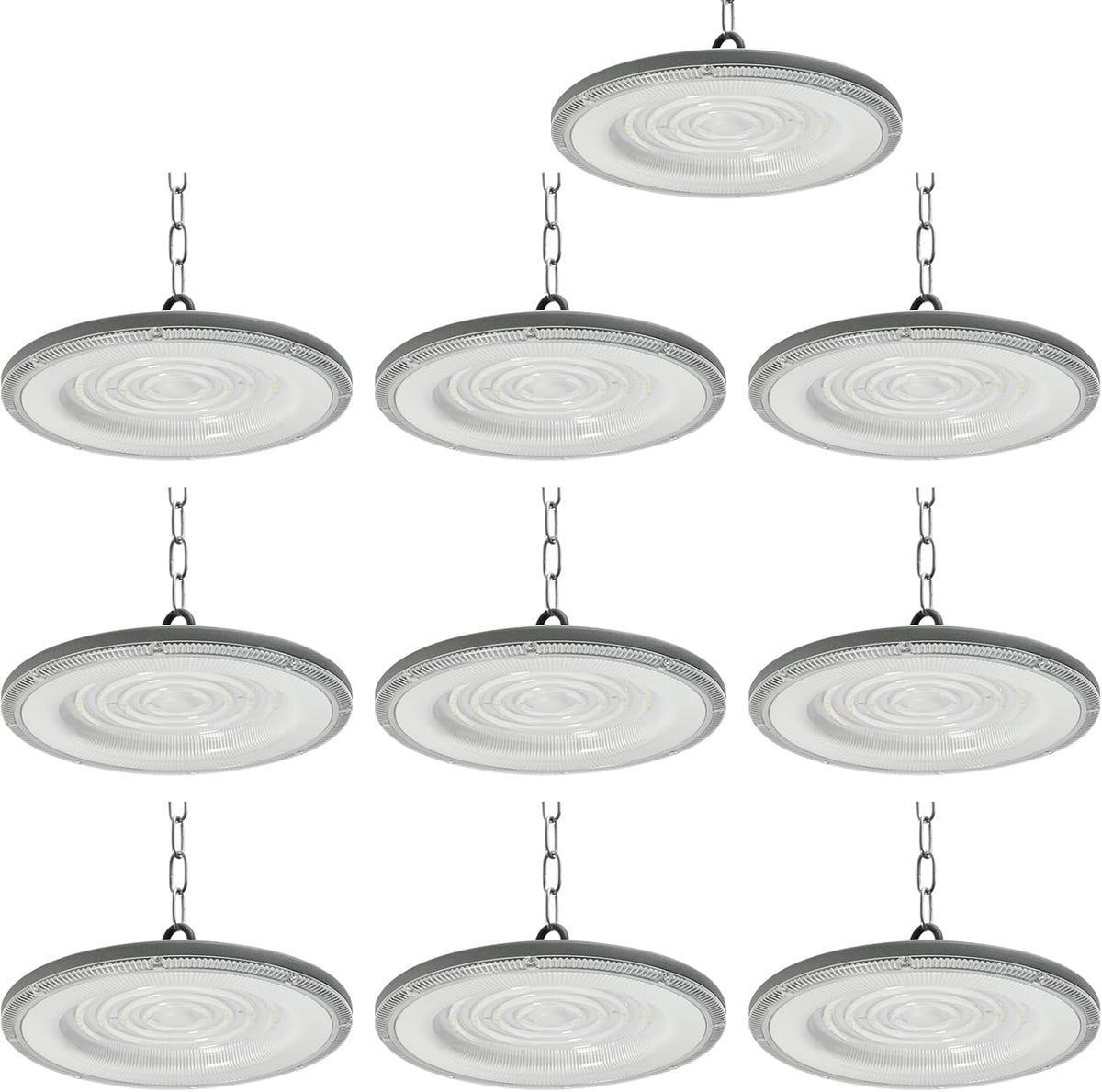 Pack de 10 campanas LED UFO industriales - 200 W y 24000 lúmenes con luz de 6500 K - 288 LED y protección IP65 con cadena - Para nave fábrica almacén y muelle