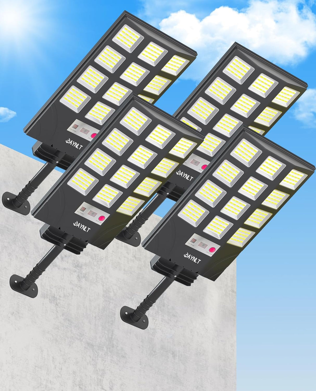 JAYNLT pack de 4 farolas solares - Luz de 6500 K con 5 modos de iluminación - Sensor de movimiento y diseño negro moderno - Para jardín patio tienda y seguridad exterior