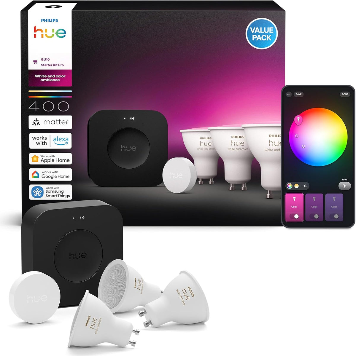 Philips Hue Kit de Inicio Pro - Hue Bridge Pro Smart Button y 3 bombillas inteligentes E27 - Luz blanca y de colores con Matter - Compatible con Apple Home Alexa Google Assistant y SmartThings