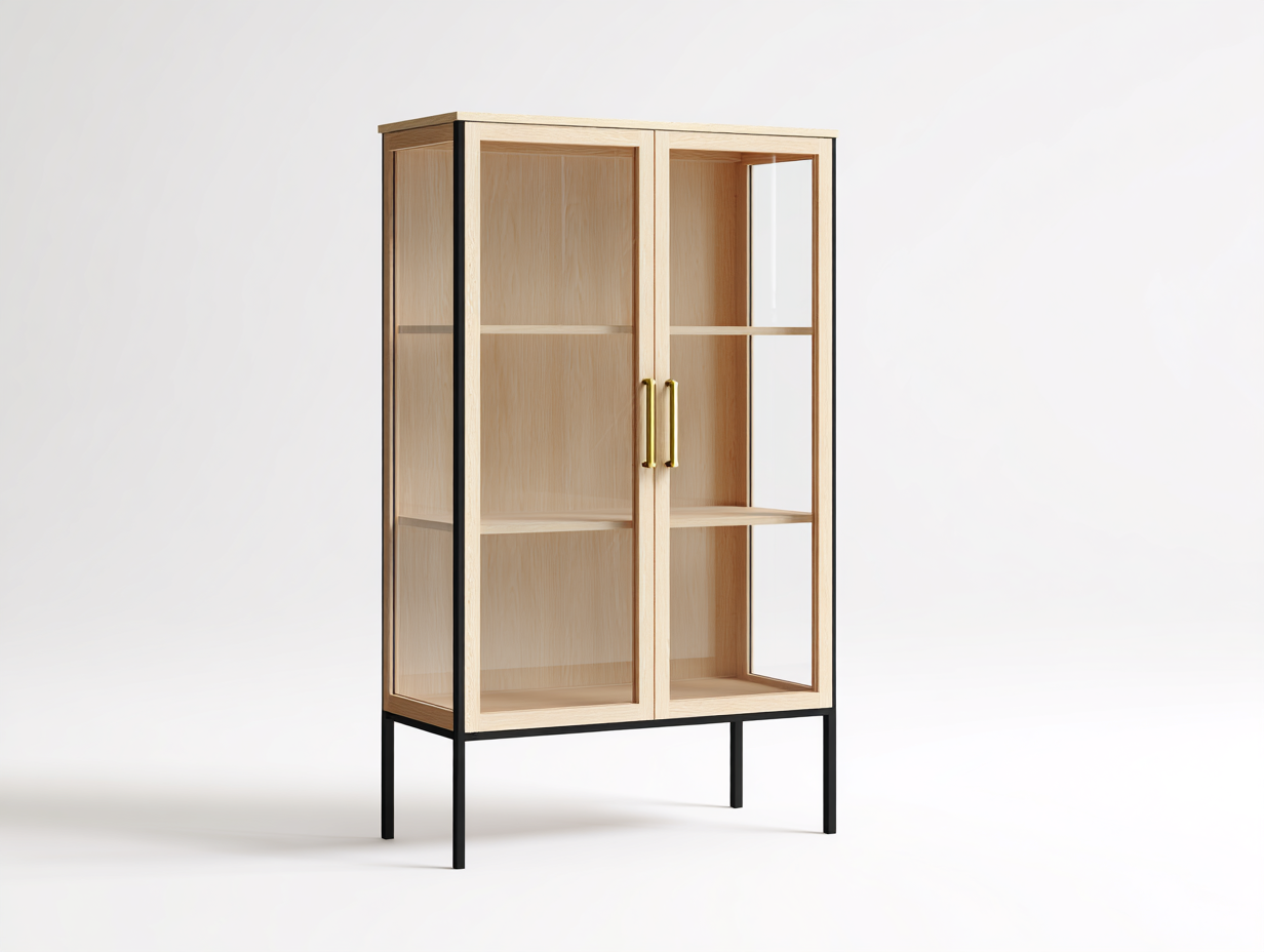 Estanterías de madera manufacturada 95x38x165 cm - madera natural y negro - diseño moderno con 2 puertas de vidrio