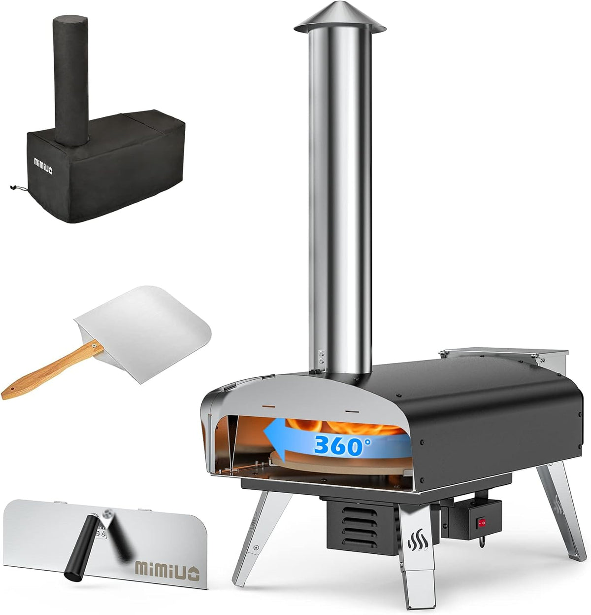 Mimiuo horno de pizza de pellets portátil - Acero inoxidable y aluminio con piedra y pala - Sistema automático de parrilla rotativa - Para jardín patio y cocina exterior