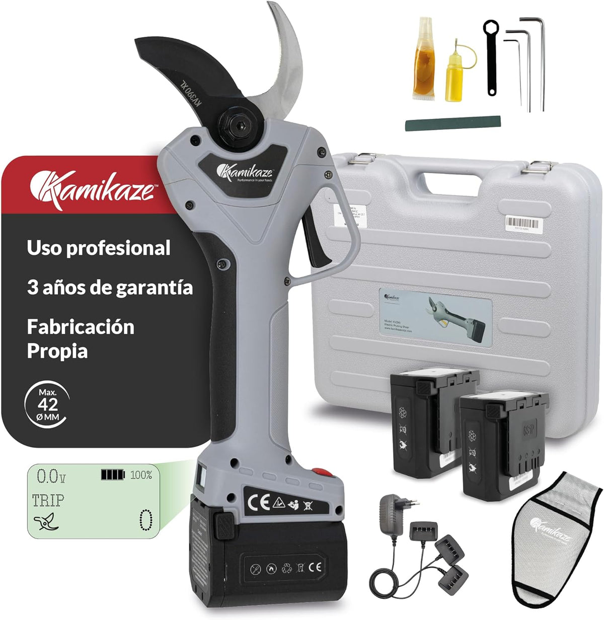 KAMIKAZE KV390 tijera eléctrica de poda profesional - Corte de 35 mm y batería de 21,6 V - Dos baterías cargador triple y pantalla - Con maletín y kit de mantenimiento