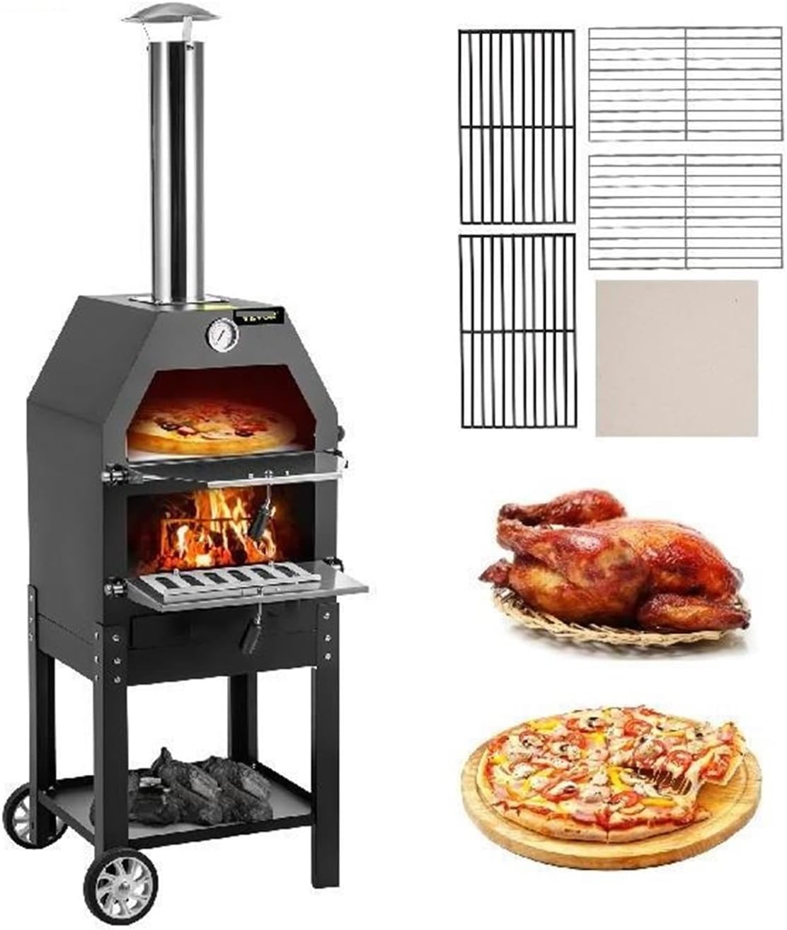 OJIIPOP horno de pizza de leña de 12 pulgadas - Diseño portátil de 2 niveles con ruedas y asa - Construcción resistente a la corrosión - Para patio camping parque y exterior