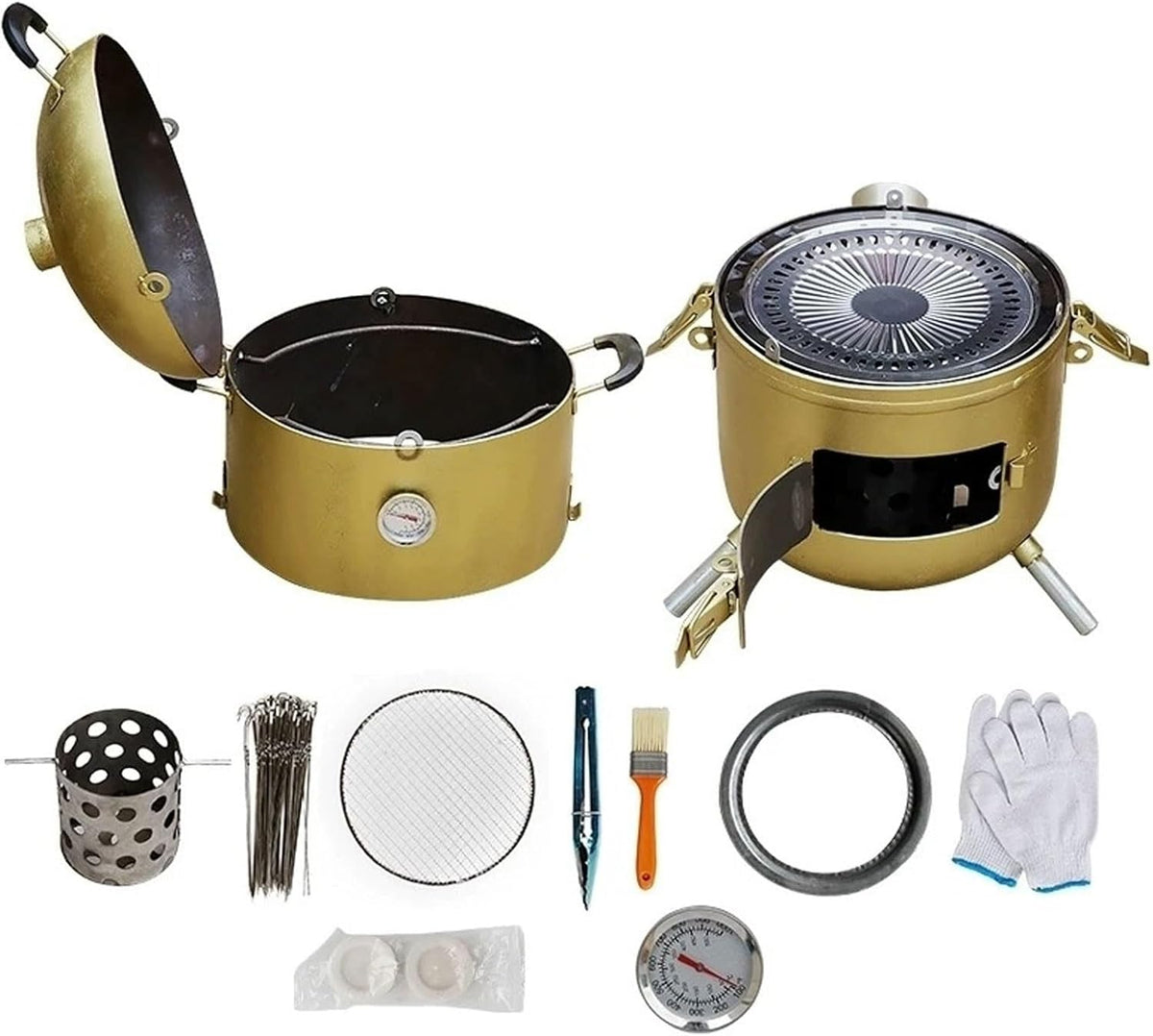 AREBH barbacoa ahumador de barril portátil - Acero inoxidable con diámetro de 32 cm - Cocción integral de 360 grados con termómetro - Para asar y ahumar carne