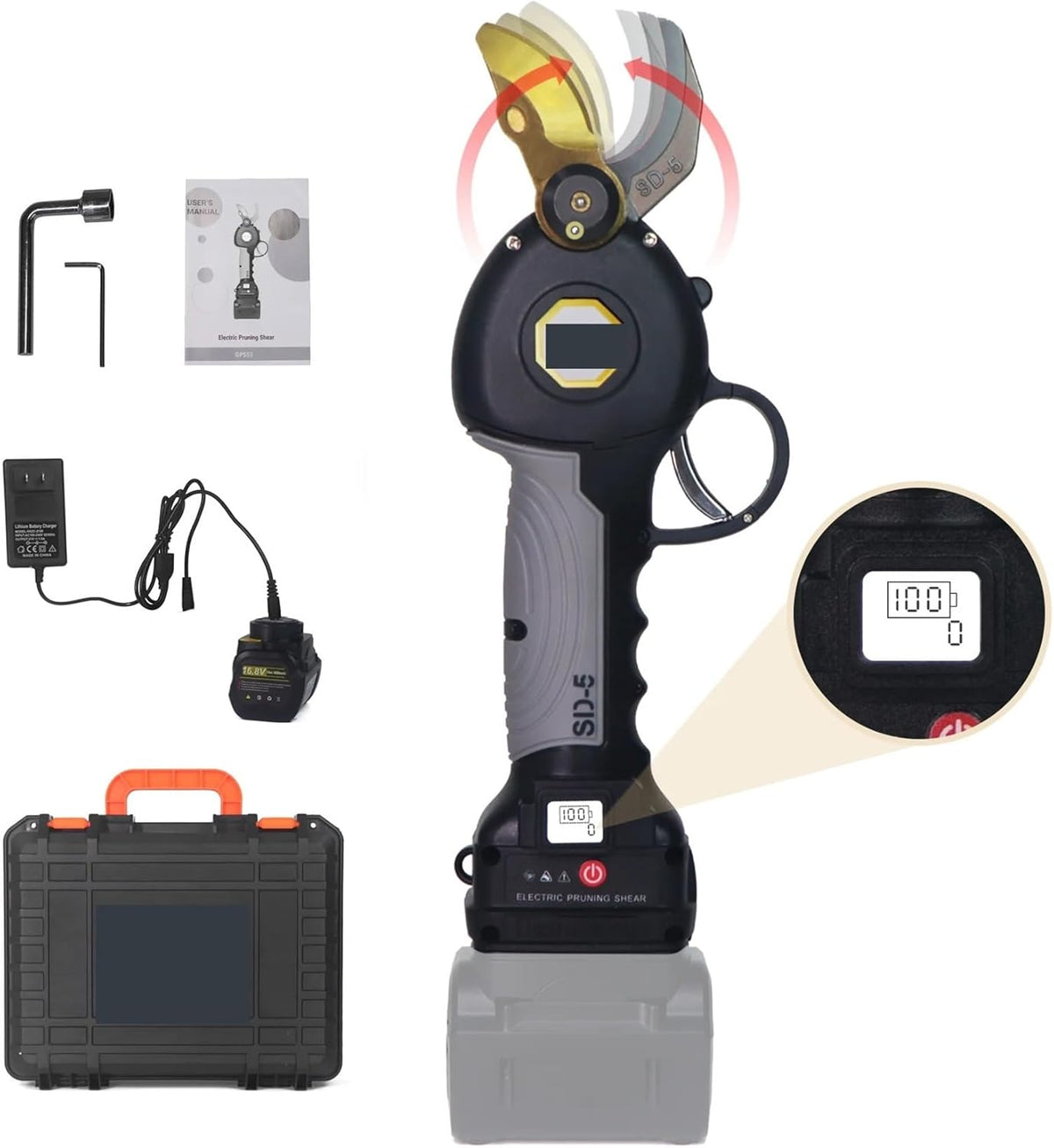 VXDEFP tijeras de podar eléctricas - 16,8 V con batería de 4,5 Ah - Cuchillas de doble acción en acero de aleación forjado - Motor sin escobillas para árboles y jardín