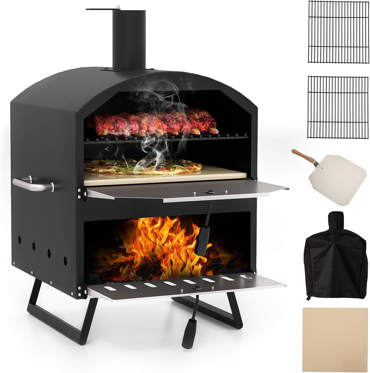 GOPLUS horno de pizza exterior - 16 pulgadas con leña pellet y carbón - 2 capas con piedra pala y rejillas de parrilla - 61 x 53 x 83 cm con patas plegables y cubierta