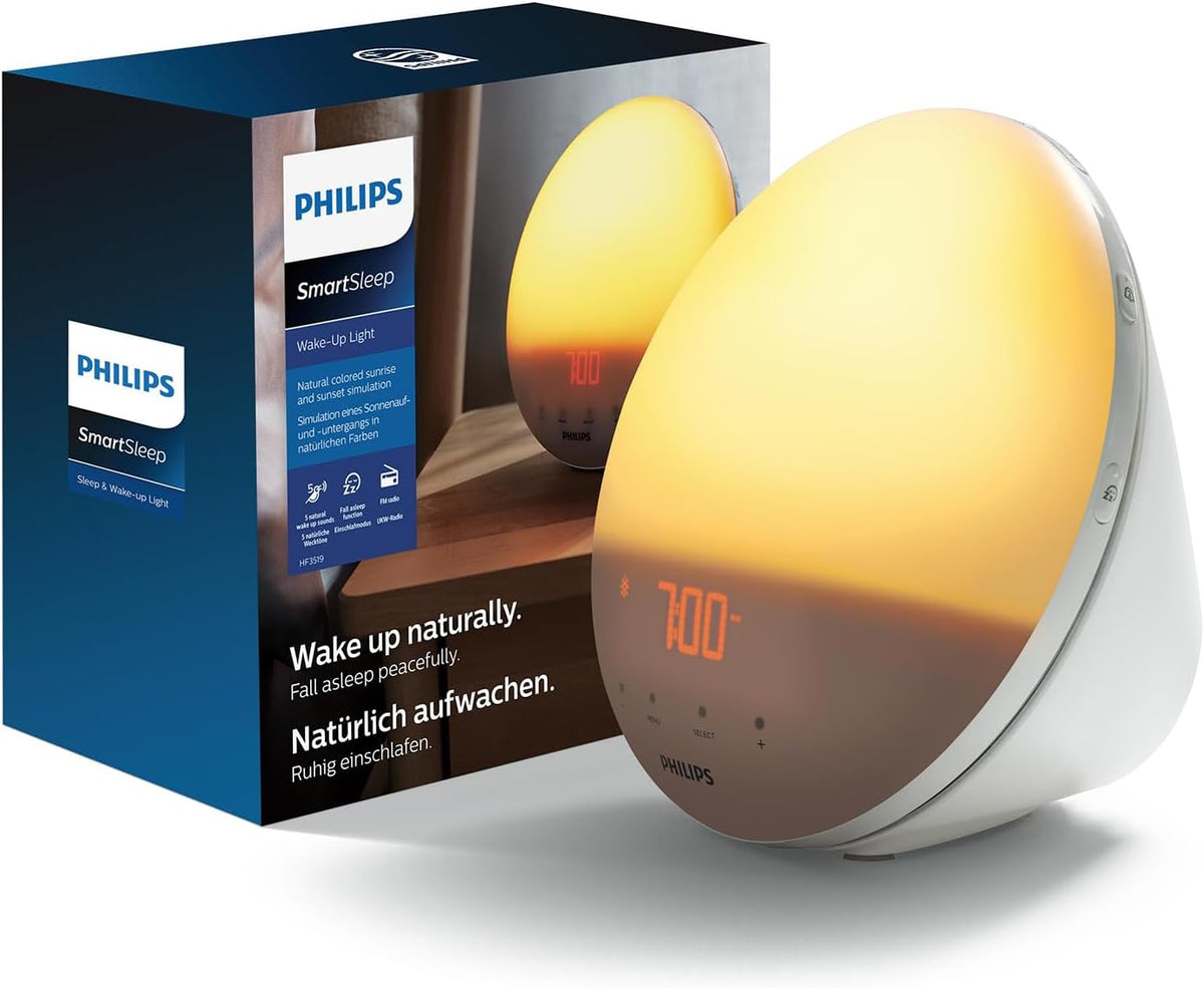 Philips SmartSleep Wake up Light HF3532 01 - Luz de cabecera y despertador con USB - Simulación de amanecer y 20 niveles de brillo - 7 sonidos naturales y luz nocturna