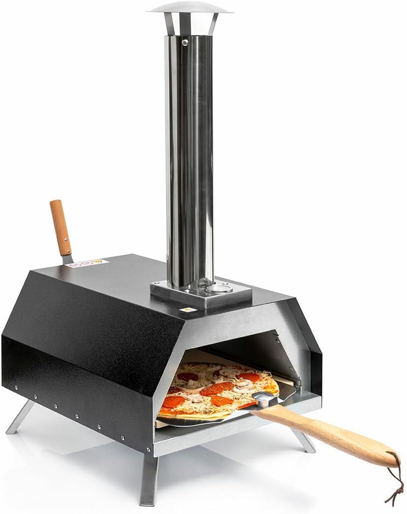 InnovaGoods horno de pizza de pellets - Piedra de 30 cm y cocción hasta 500 grados - Incluye pala chimenea y bolsa de transporte - Portátil para jardín terraza y exterior