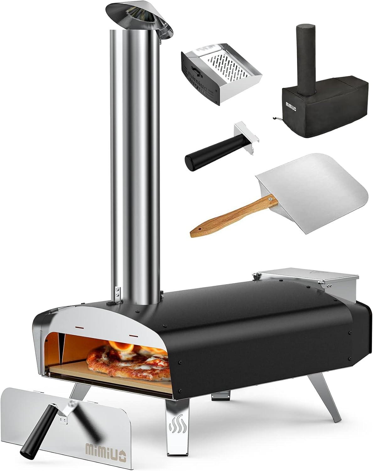 Mimiuo horno de pizza de pellets portátil - Acero inoxidable y aluminio con piedra de 33 x 33 cm - Incluye pala y control por perilla - Para jardín barbacoa y cocina exterior