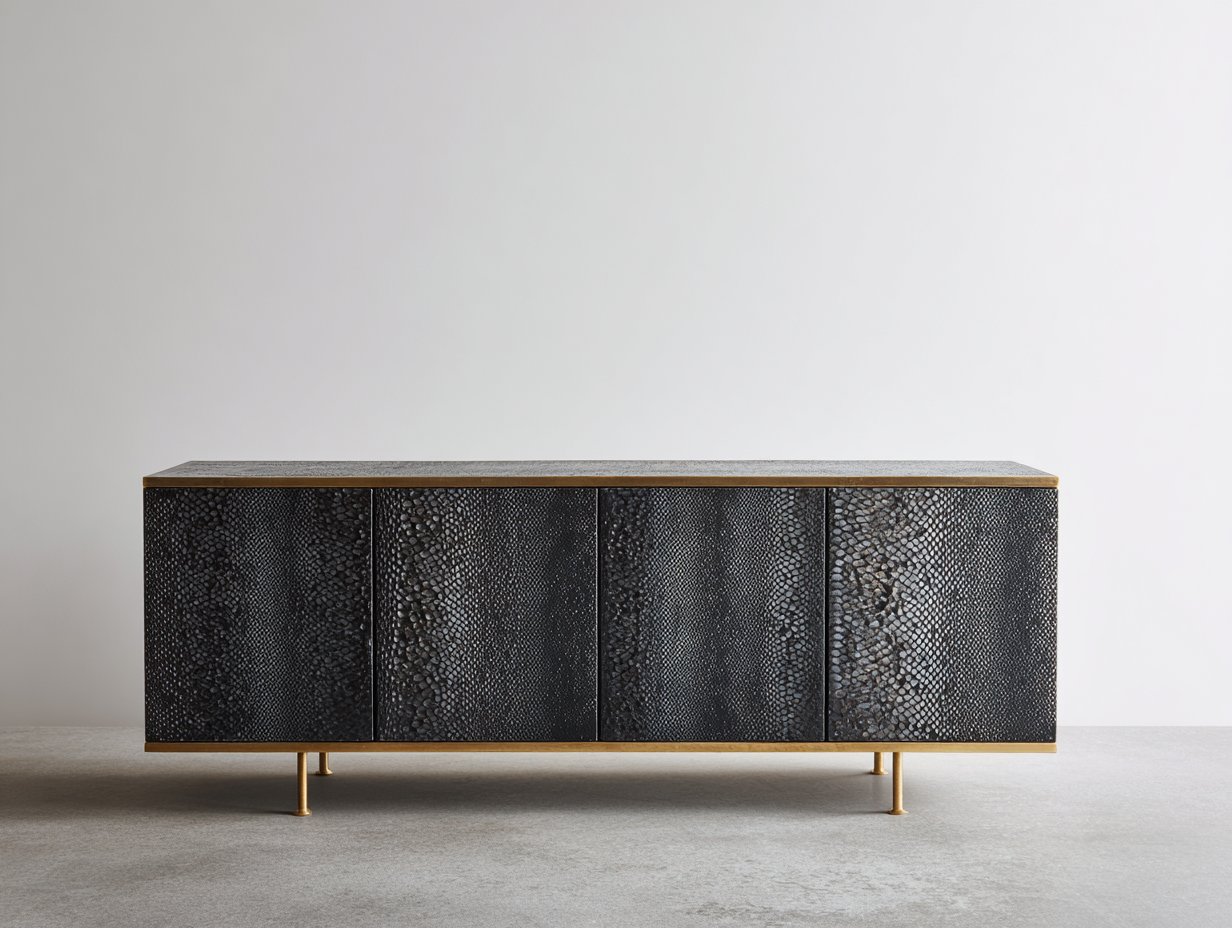 Mueble recibidor de madera manufacturada 180x40x80 cm - negro y dorado - diseño moderno con 4 puertas