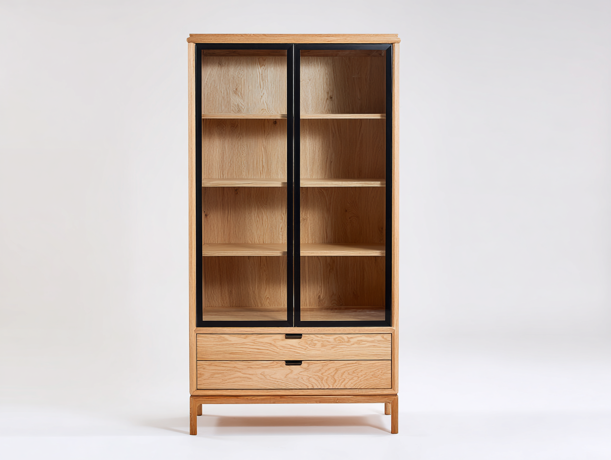 Estanterías de madera manufacturada 90x38x180 cm - madera natural y negro - diseño moderno con 2 puertas de vidrio y 2 cajones