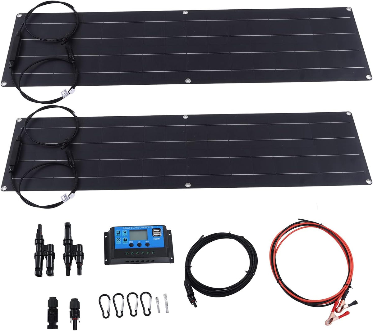 Pack de 2 paneles solares flexibles - 100 W con superficie PET monocristalina - Cable fotovoltaico y diseño ligero en color negro - Para caravana camping hogar y exterior