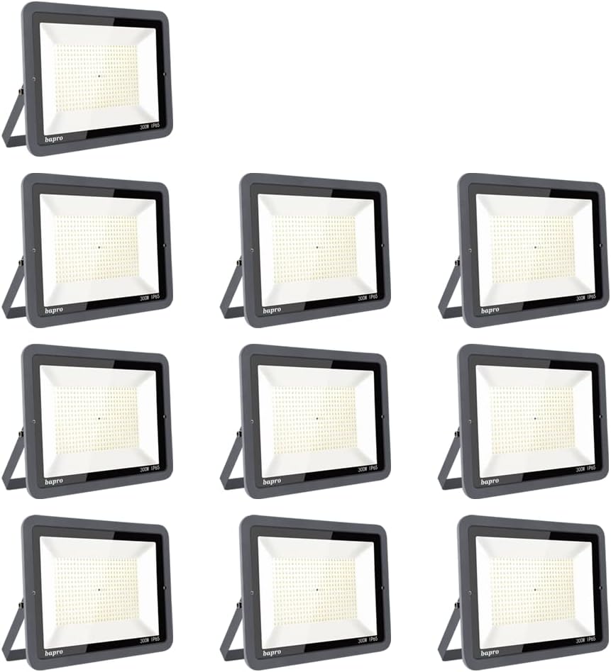 Pack de 10 focos LED exterior de 300 W - Flujo de 31000 lm y luz blanca fría de 6000 K - Haz de 120 grados con protección IP66 - Para jardín garaje fábrica y almacén