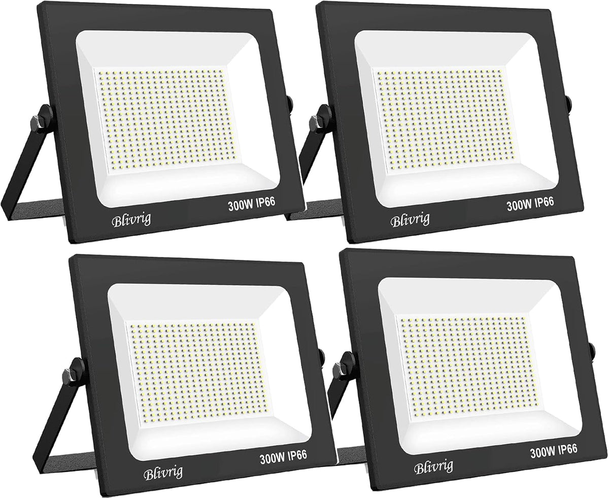 Blivrig pack de 4 focos LED exterior de 300 W - Flujo de 30000 lm y luz blanca fría de 6500 K - Metal y vidrio con alimentación de 230 V - Para garaje patio terraza y jardín