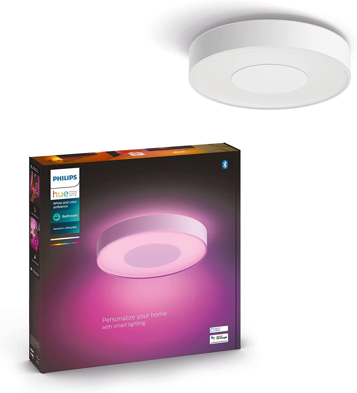 Philips Hue Xamento L - Lámpara LED inteligente de techo de 42,5 cm - Luz blanca y de colores con acabado blanco - Compatible con Alexa y Google Home para baño e interior