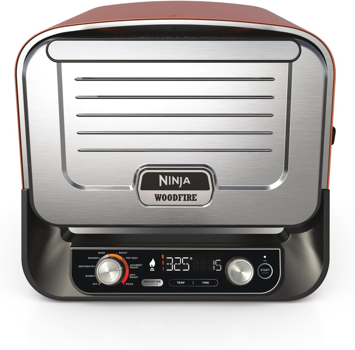 Ninja Woodfire horno eléctrico exterior 8 en 1 - Horno de pizza asador y ahumador de 2400 W - Piedra y bandeja Pro Heat con 6 ajustes de pizza - Modelo OO101EU naranja