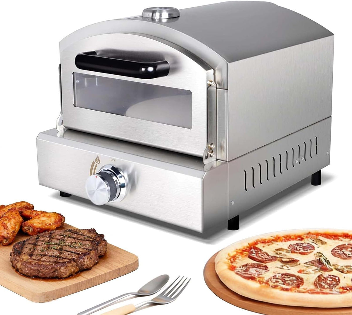 QFGain horno de pizza a gas - Para pizzas de 30 cm con cocción en 60 segundos - Control de calor ajustable con piedra y quemador - Incluye patas y manguera reguladora para exterior