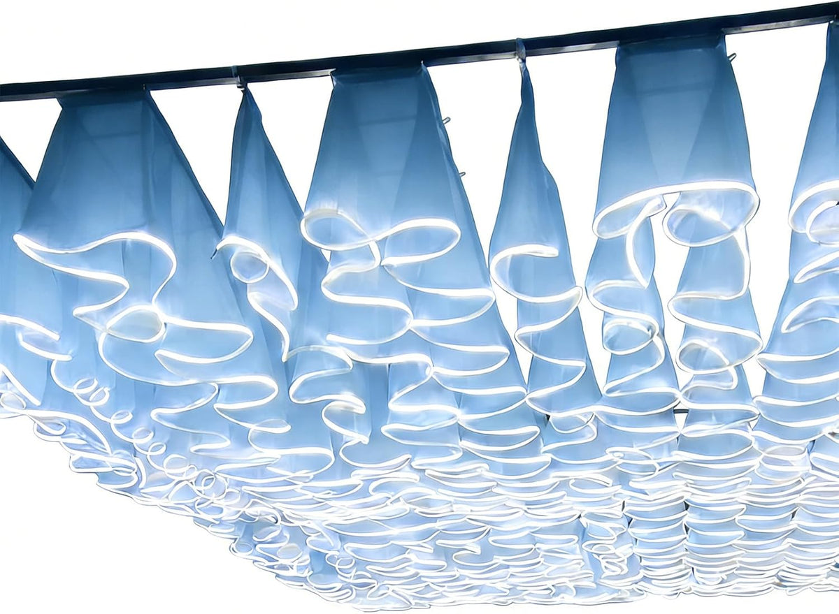 Velo luminoso de techo para fiestas de 50 m - Gasa azul con luz blanca y pliegues de 50 cm - Material sintético de fácil instalación - Para bodas cumpleaños y eventos