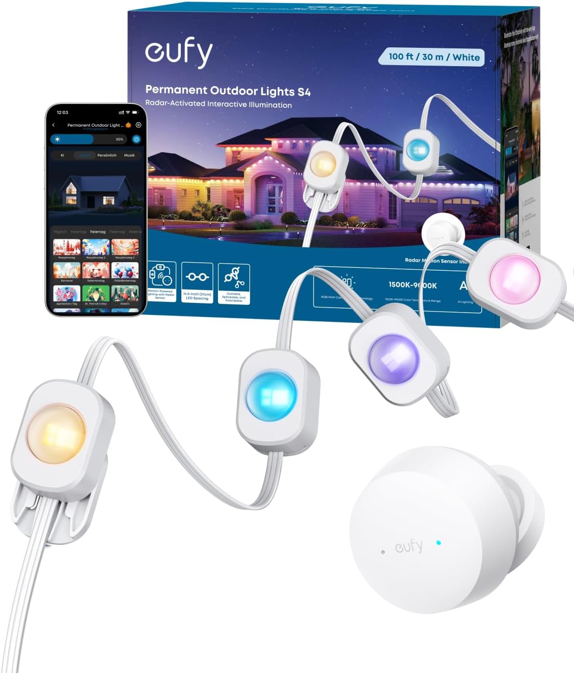 eufy S4 - Guirnalda LED inteligente exterior de 30 m con 72 LED - RGBWW con IA y activación por radar - Protección IP67 para caminos fachada patio y decoración ambiental