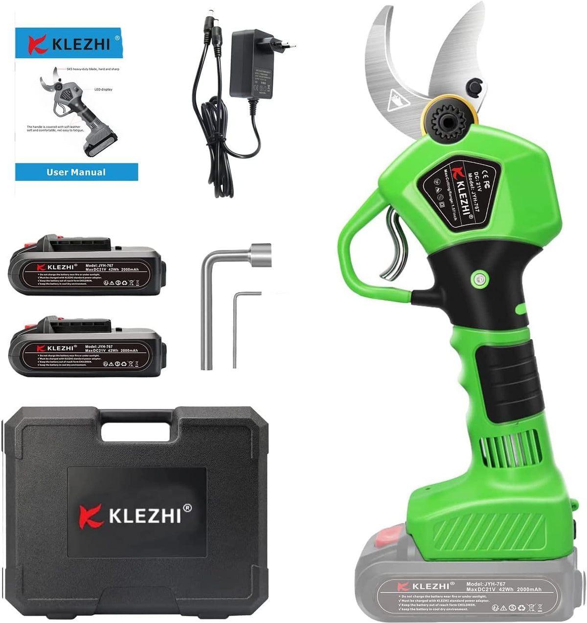 Tijeras de podar eléctricas - Corte de hasta 40 mm con batería de 21 V - Incluye 2 baterías recargables de litio de 2 Ah - Pantalla LED y autonomía indicada de 6 a 8 horas