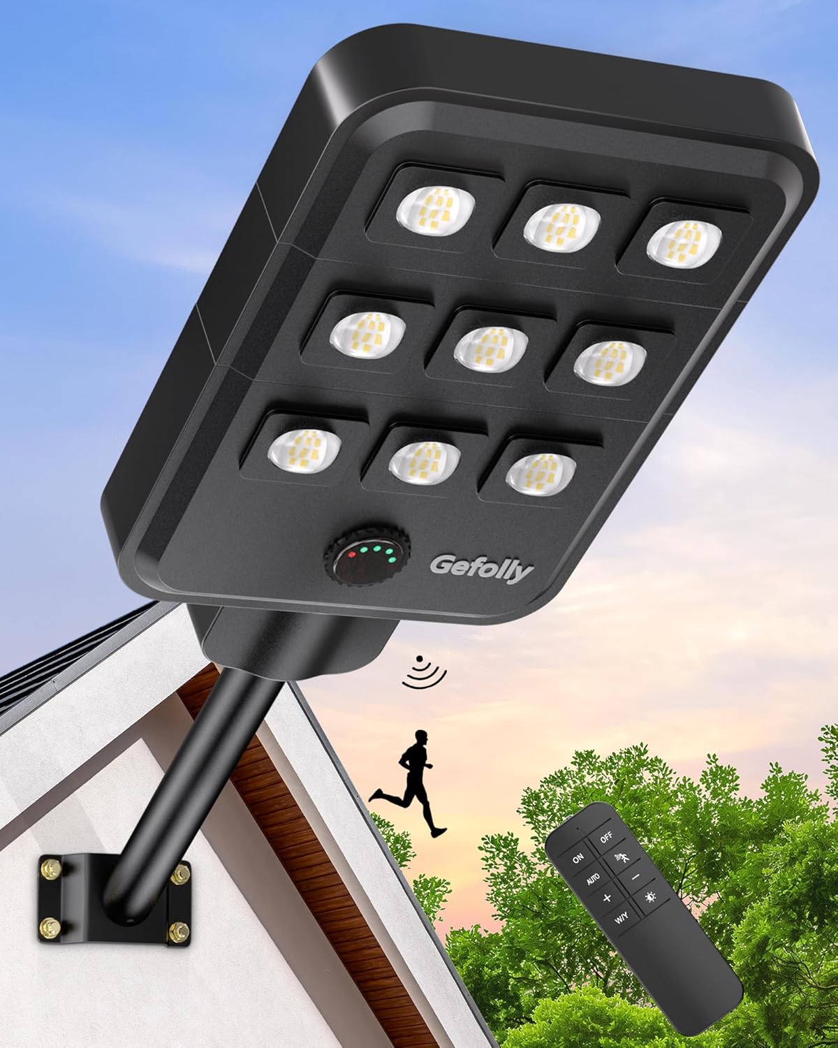 Gefolly G-9000W - Farola solar LED de 6500 K y 1000 lúmenes - Sensor de movimiento y mando a distancia con protección IP67 - Para jardín patio parcela y seguridad exterior
