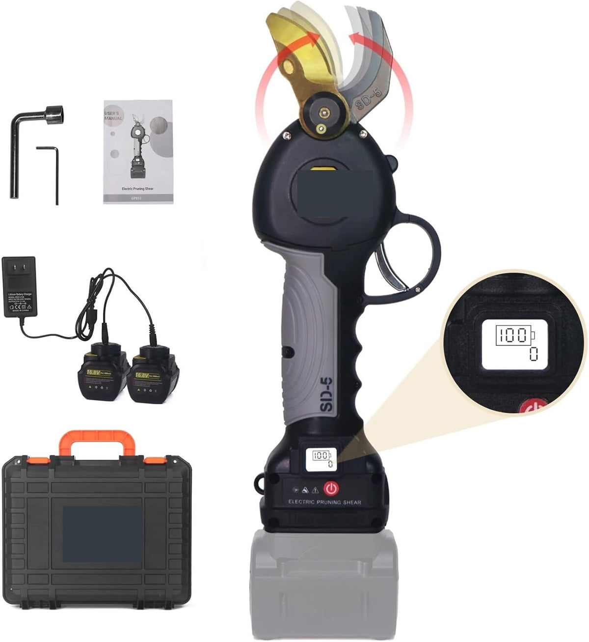 VXDEFP tijeras de poda eléctricas de 16,8 V - Motor sin escobillas y cuchillas de doble acción - Acero de aleación forjado - Incluye 2 baterías para poda de árboles