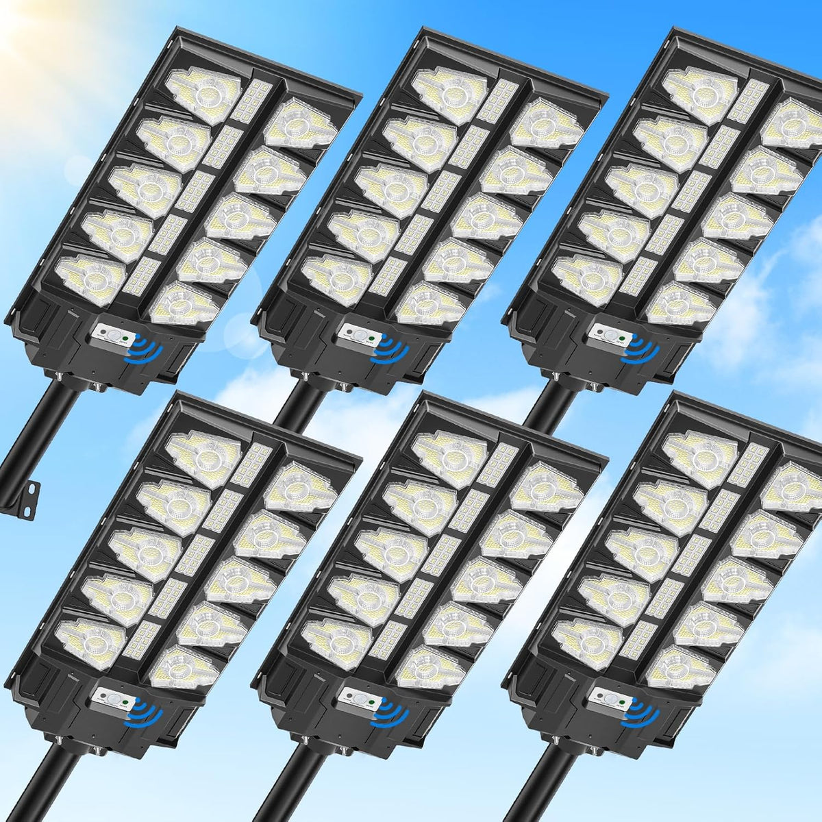 Viugreum pack de 6 farolas solares de 2000 W - Luz blanca fría de 6500 K - Sensor de movimiento con mando y protección IP65 - Para jardín patio porche y camino