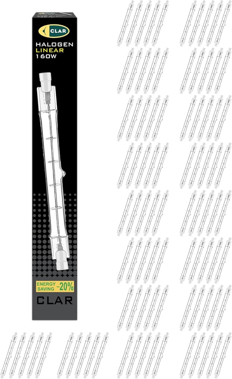 CLAR pack de 100 bombillas halógenas lineales - 160 W y longitud de 118 mm - Casquillo R7S con alimentación de 230 V - Para focos y luminarias halógenas compatibles