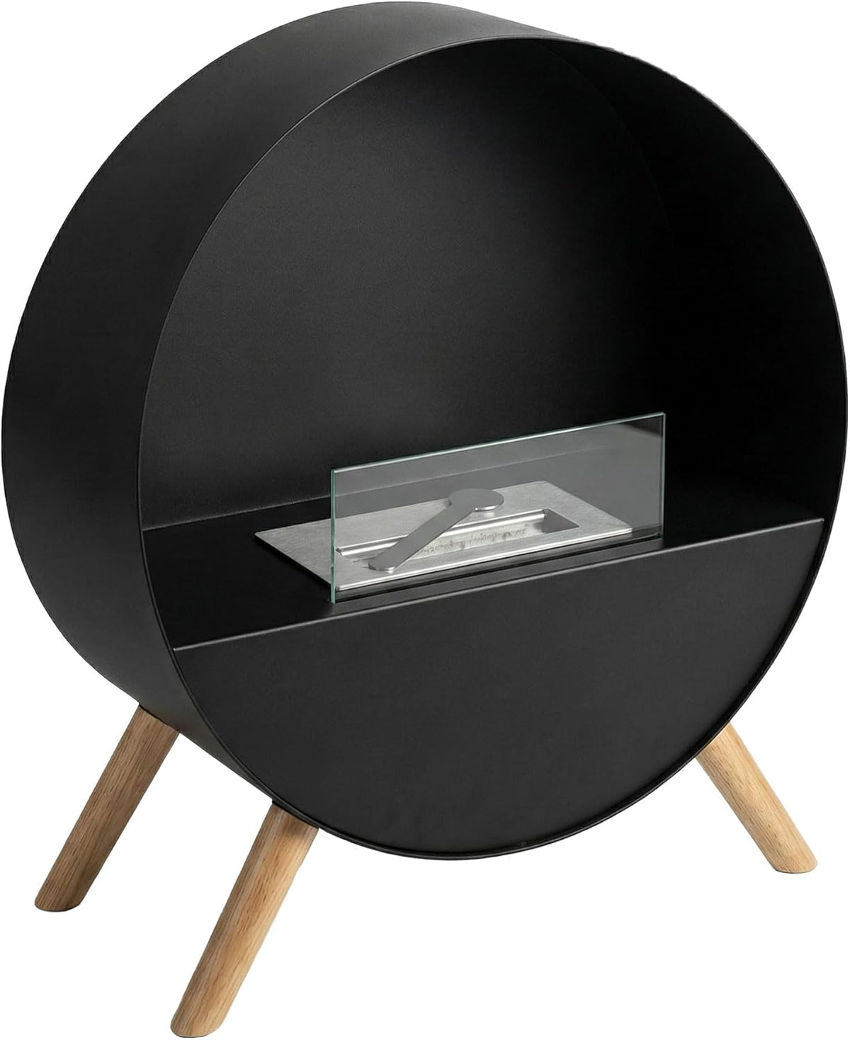 Frankystar Venere chimenea de suelo para interior - Acero inoxidable de 60 x 72 x 30 cm - Patas de madera de pino negro - Diseño independiente con alimentación de combustible
