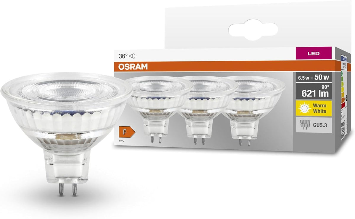 OSRAM pack de 30 lámparas LED MR16 GU5.3 - Luz cálida de 2700 K y reflector transparente - Regulables con alimentación de 240 V - Para iluminación decorativa