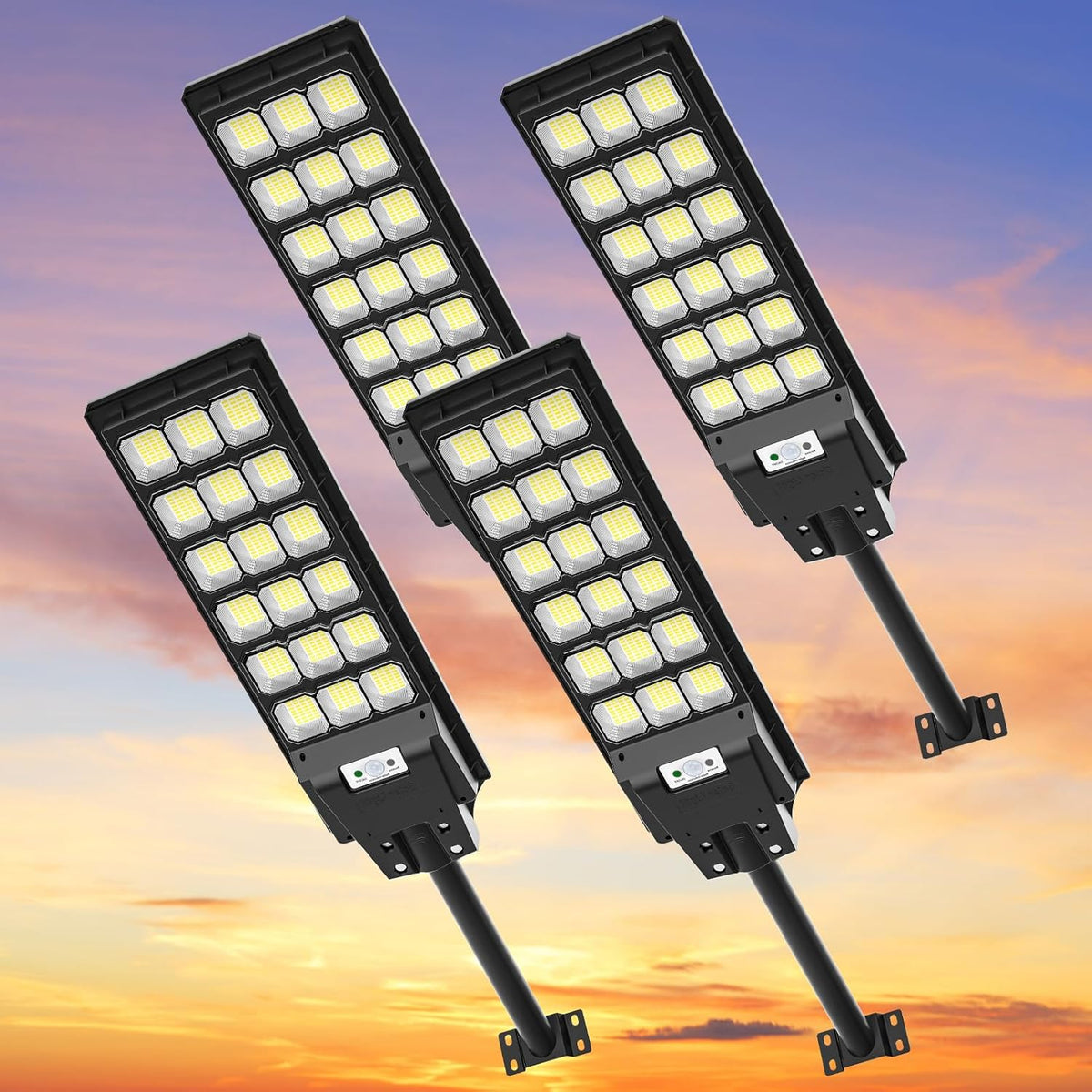 Viugreum pack de 4 farolas solares de 600 W - Luz blanca fría de 6500 K - Sensor de movimiento con mando y protección IP65 - Para jardín patio y exterior