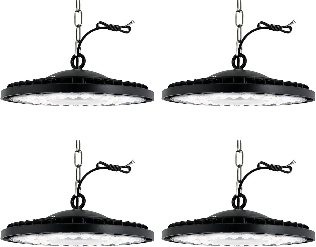 Pack de 4 lámparas UFO LED de 300 W - Flujo de 30000 lm y luz blanca fría de 6500 K - Acero inoxidable con protección IP65 - Para nave garaje fábrica y uso comercial