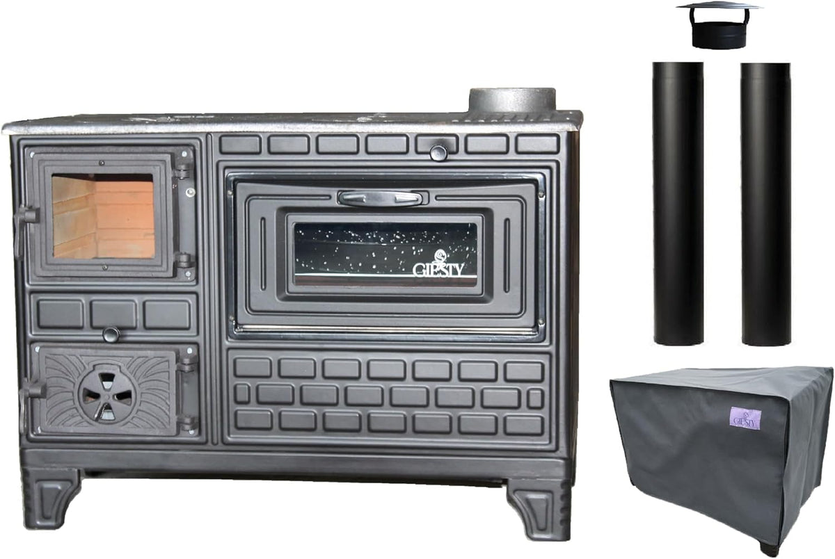 Estufa de cocina exterior - Leña y carbón con puerta de vidrio y 2 tubos - Acero hierro fundido y ladrillo refractario de 43 x 82 x 60 cm - Para terraza jardín y patio