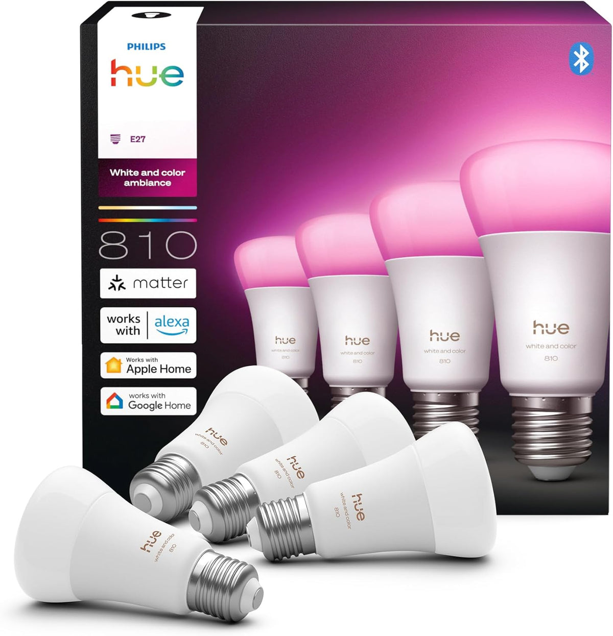 Philips Hue A60 pack de 4 bombillas inteligentes E27 - 6 W y 810 lúmenes con luz RGBW - Espectro de 1000 a 20000 K y regulación - Compatible con Alexa Google Assistant y Apple Home