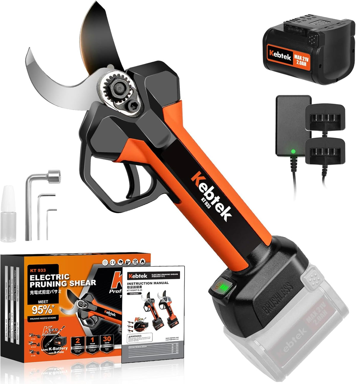 Kebtek KT 933 - Tijeras de podar eléctricas inalámbricas con corte de 33 mm - Motor sin escobillas de 18 V - Batería Li-Ion de 2 Ah y cargador incluidos