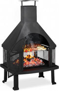 Relaxdays chimenea exterior con parrilla - Formato independiente de 110 x 63 x 51 cm - Protección contra chispas y atizador incluidos - Para patio jardín y reuniones al aire libre